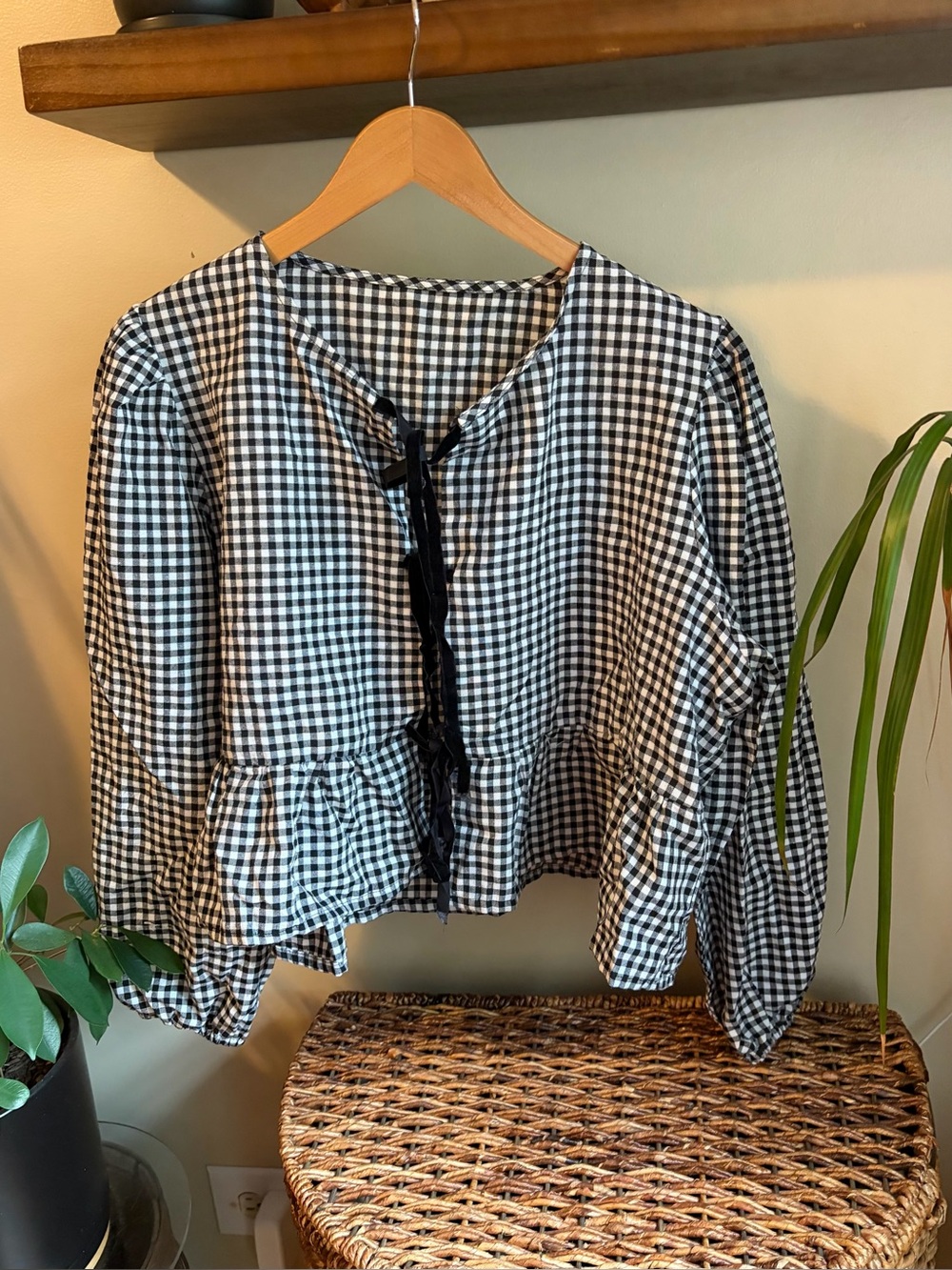 Gingham Black and White Tie Back Blouse